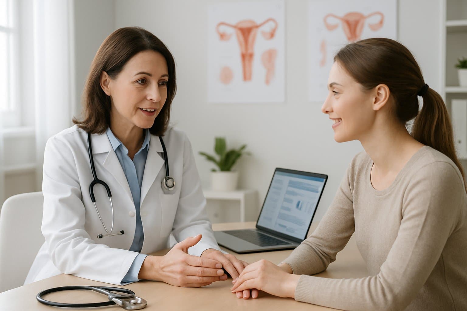 A female doctor consulting with a young woman patient in a clean medical office, discussing women's health.