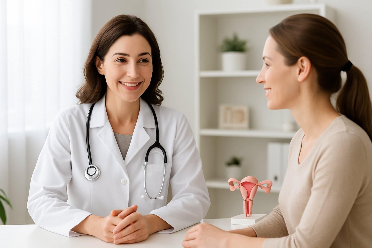 A female healthcare professional consulting with a female patient in a bright medical office focused on women's health.