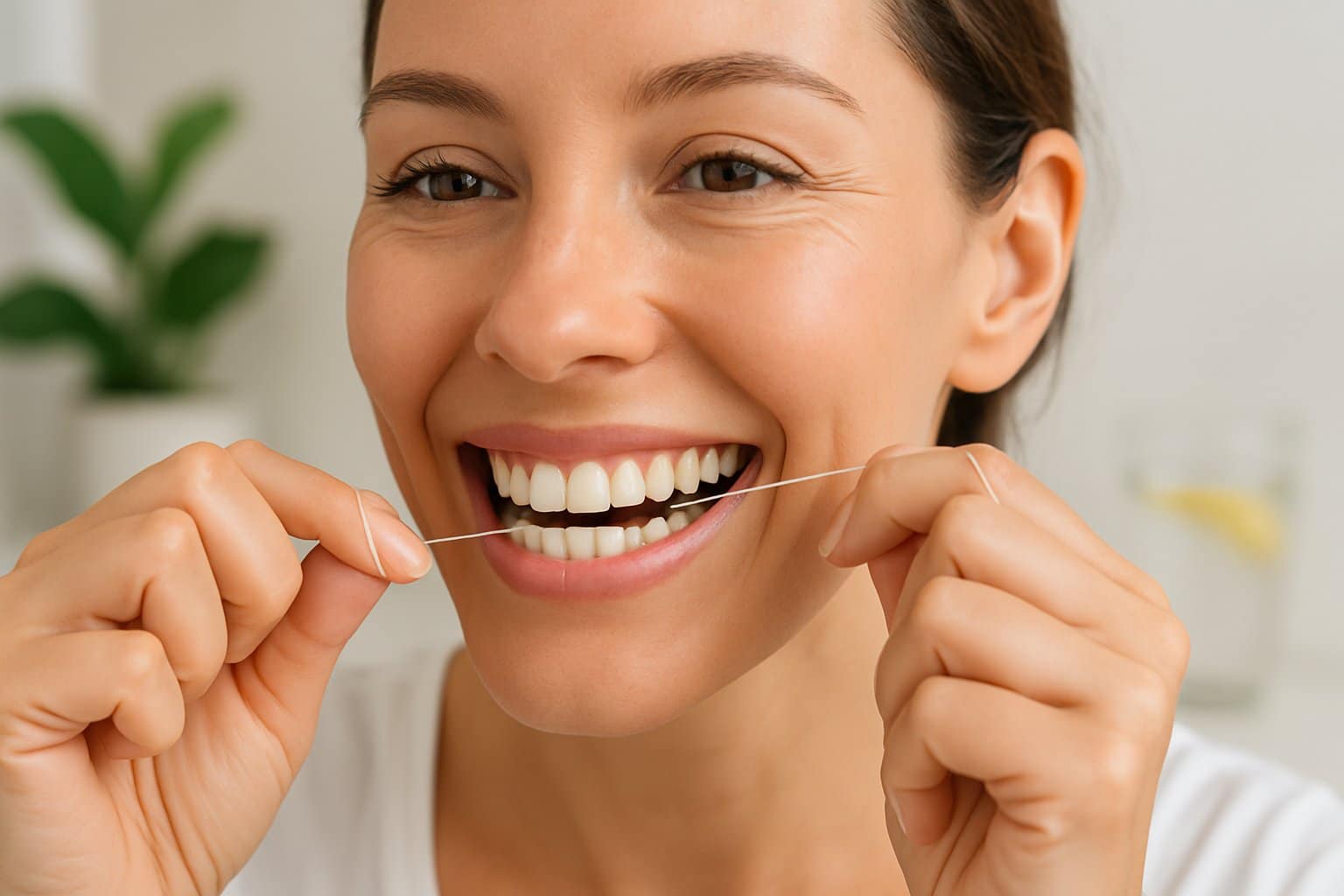 Close-up of a smiling woman flossing her teeth with healthy gums, with a glass of water and green leaves in the background.