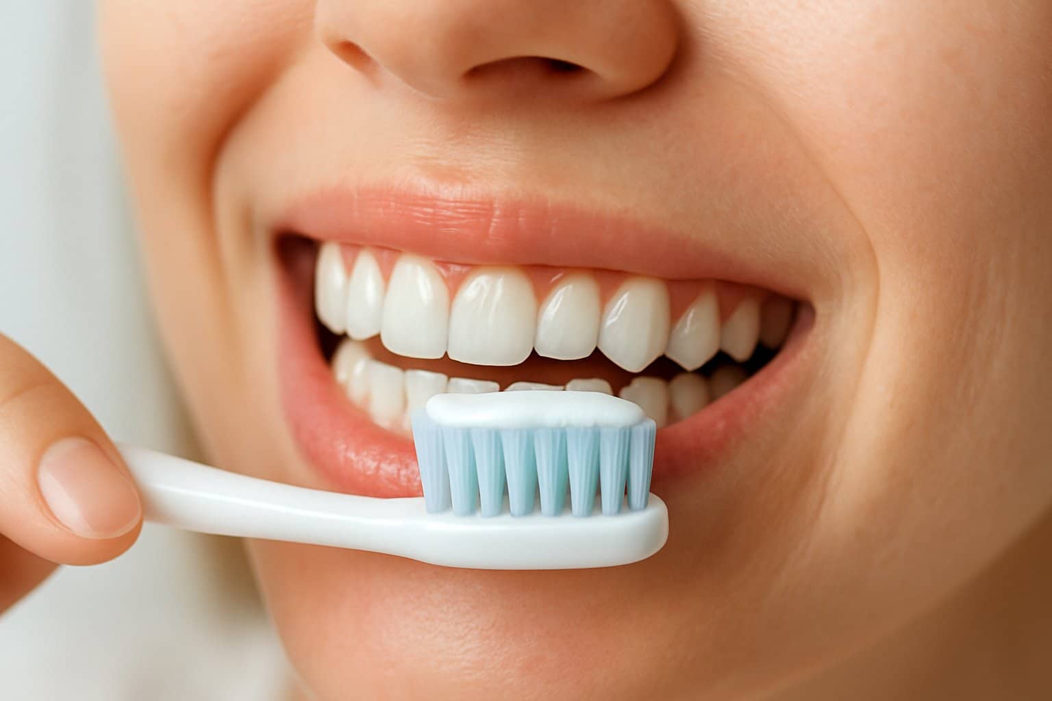 Close-up of a person brushing their teeth with a soft-bristled toothbrush, focusing on healthy gums and clean teeth.