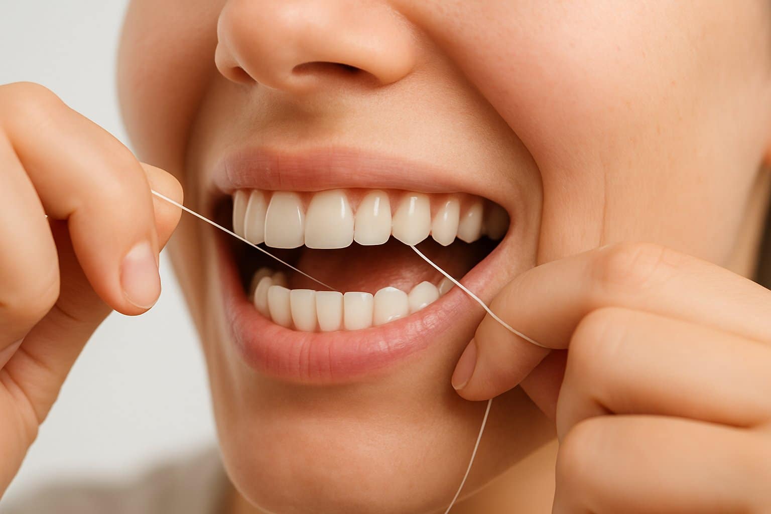 Close-up of a person flossing their teeth, showing healthy gums and white teeth.