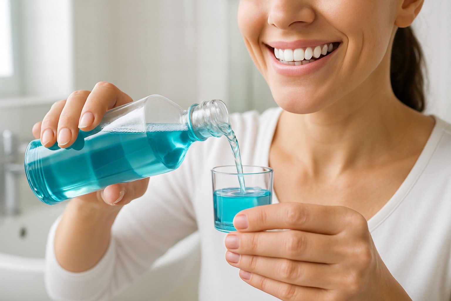 A woman pouring mouthwash into a measuring cup in a bright bathroom, focusing on oral hygiene.