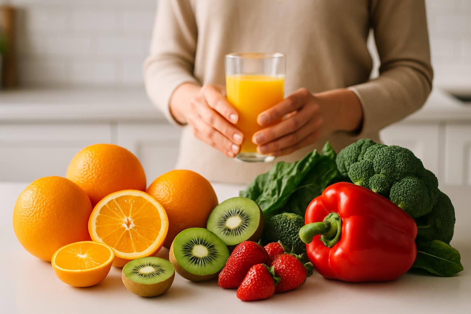 Fresh fruits and vegetables rich in vitamin C and antioxidants arranged on a kitchen countertop with a person holding a glass of orange juice in the background.