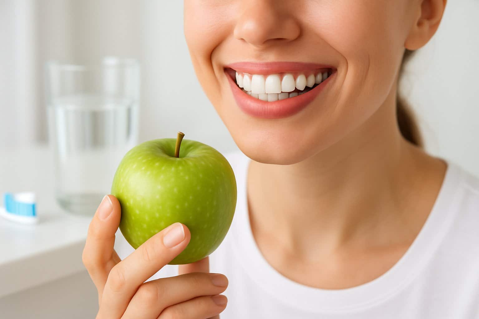 Close-up of a smiling adult showing healthy teeth and gums, holding a green apple with a toothbrush and glass of water nearby.