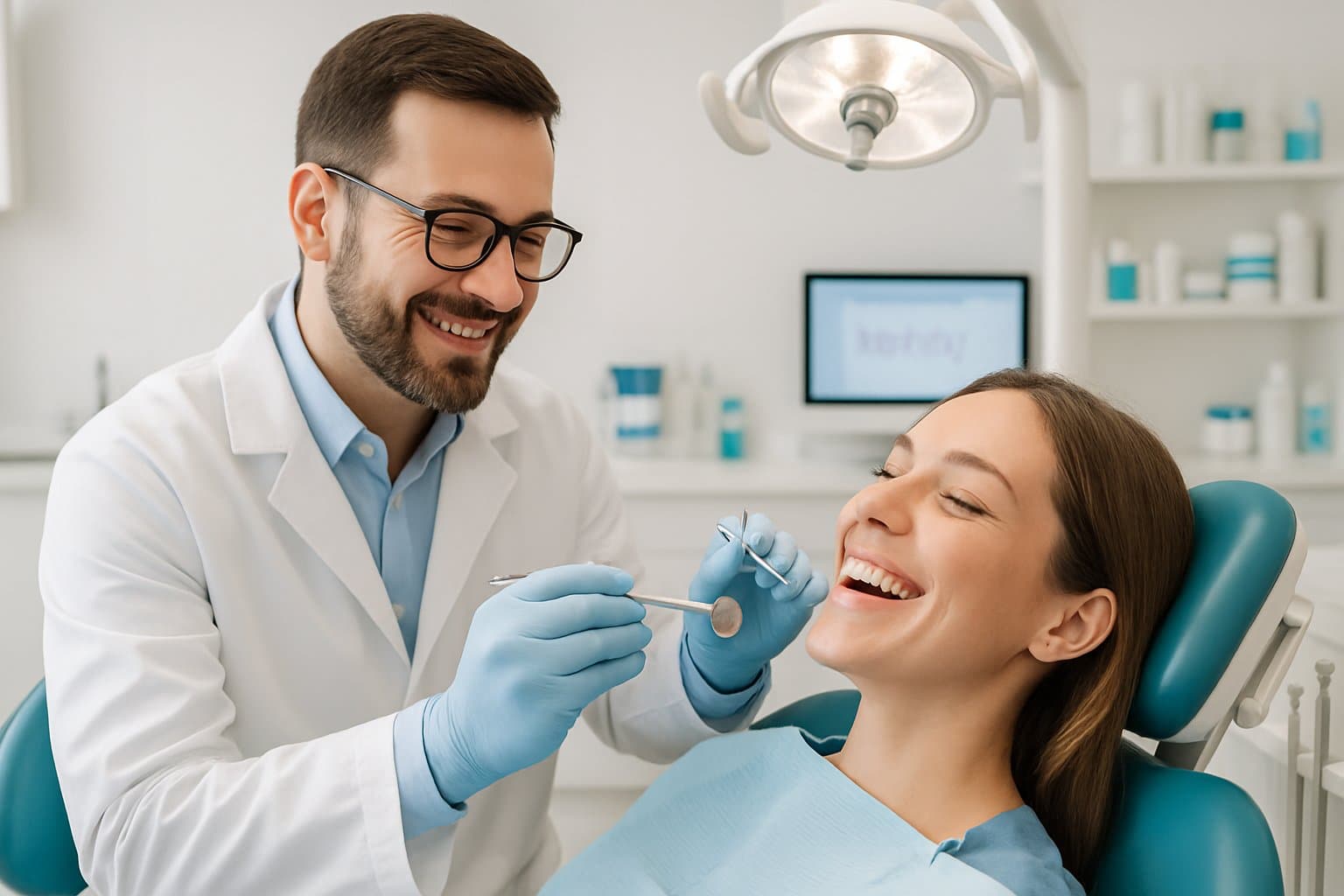 A dentist examining a smiling adult patient's teeth in a dental clinic.