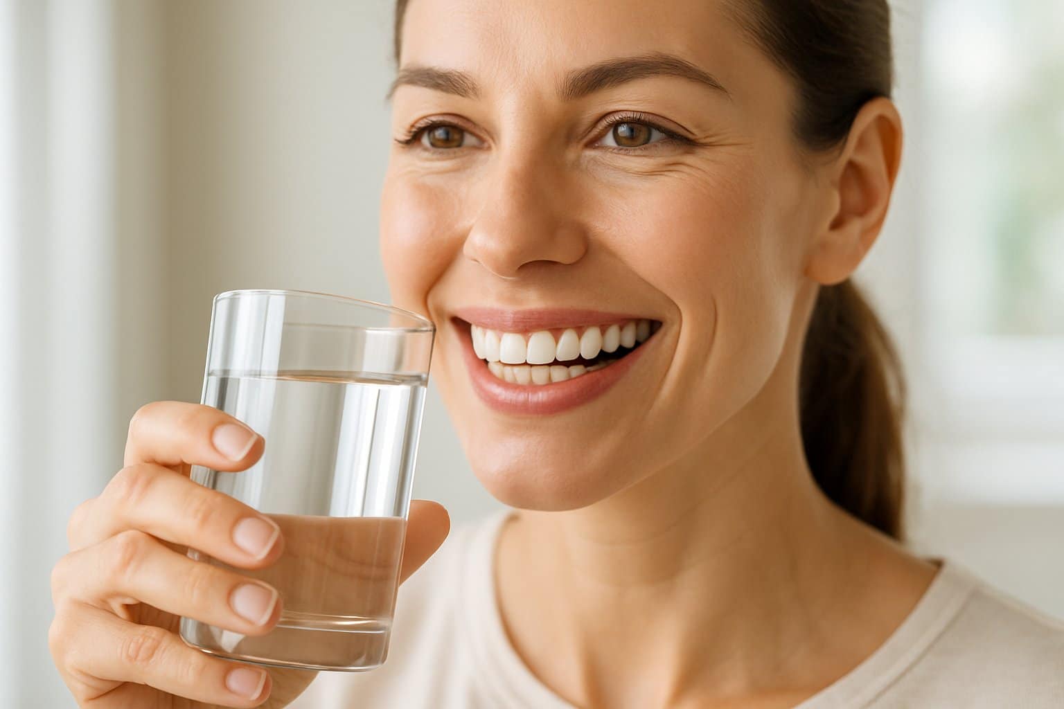 A smiling woman holding a glass of water, showing healthy teeth and gums.