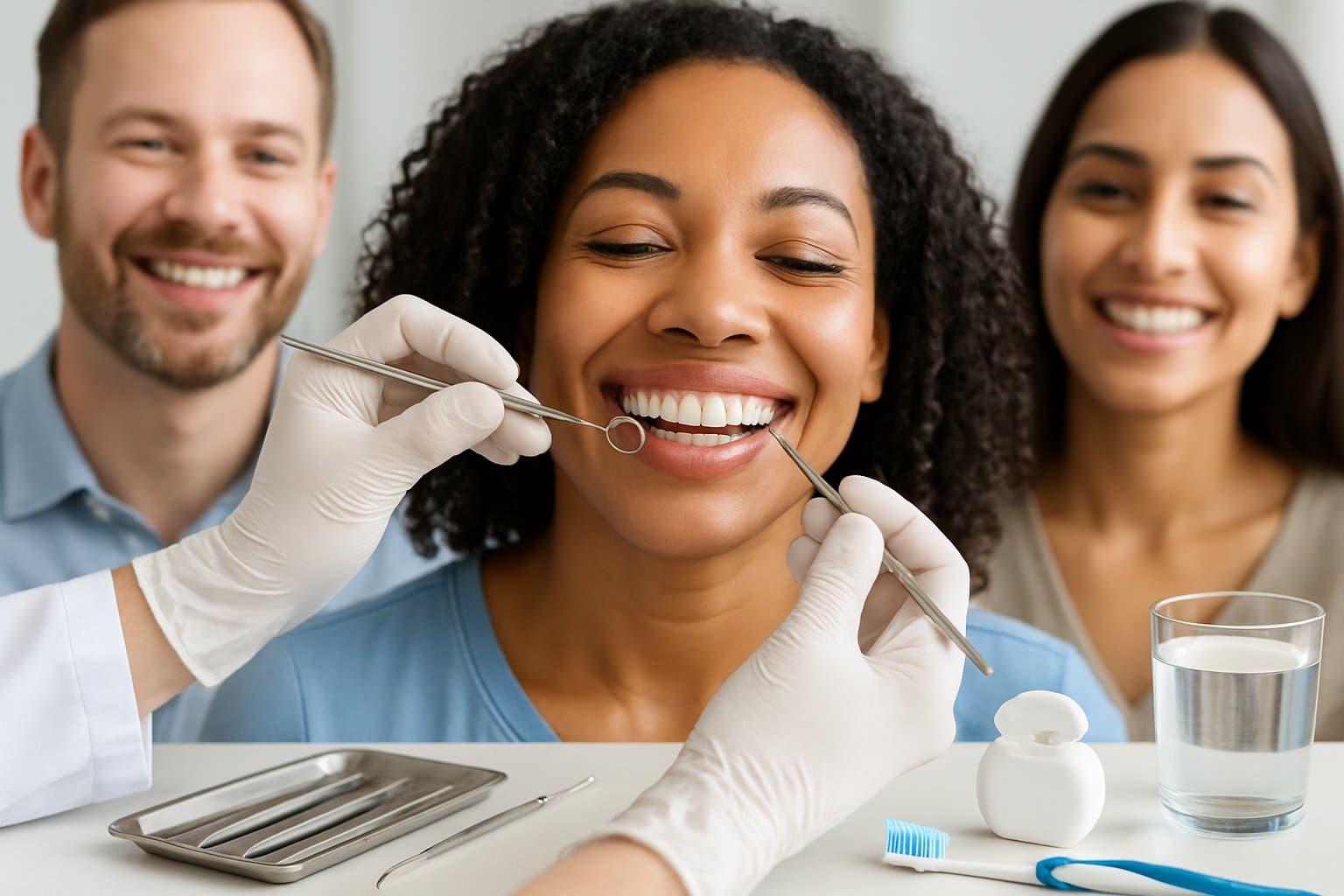 A dental professional examining a patient's healthy gums while dental care tools and a toothbrush are visible nearby.