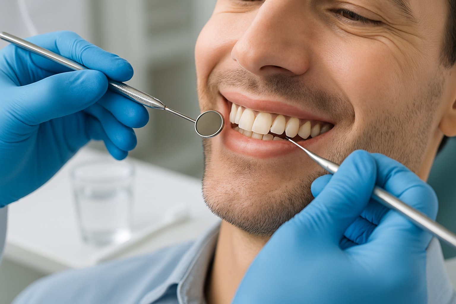 Dentist examining a patient's healthy gums and teeth in a dental clinic.