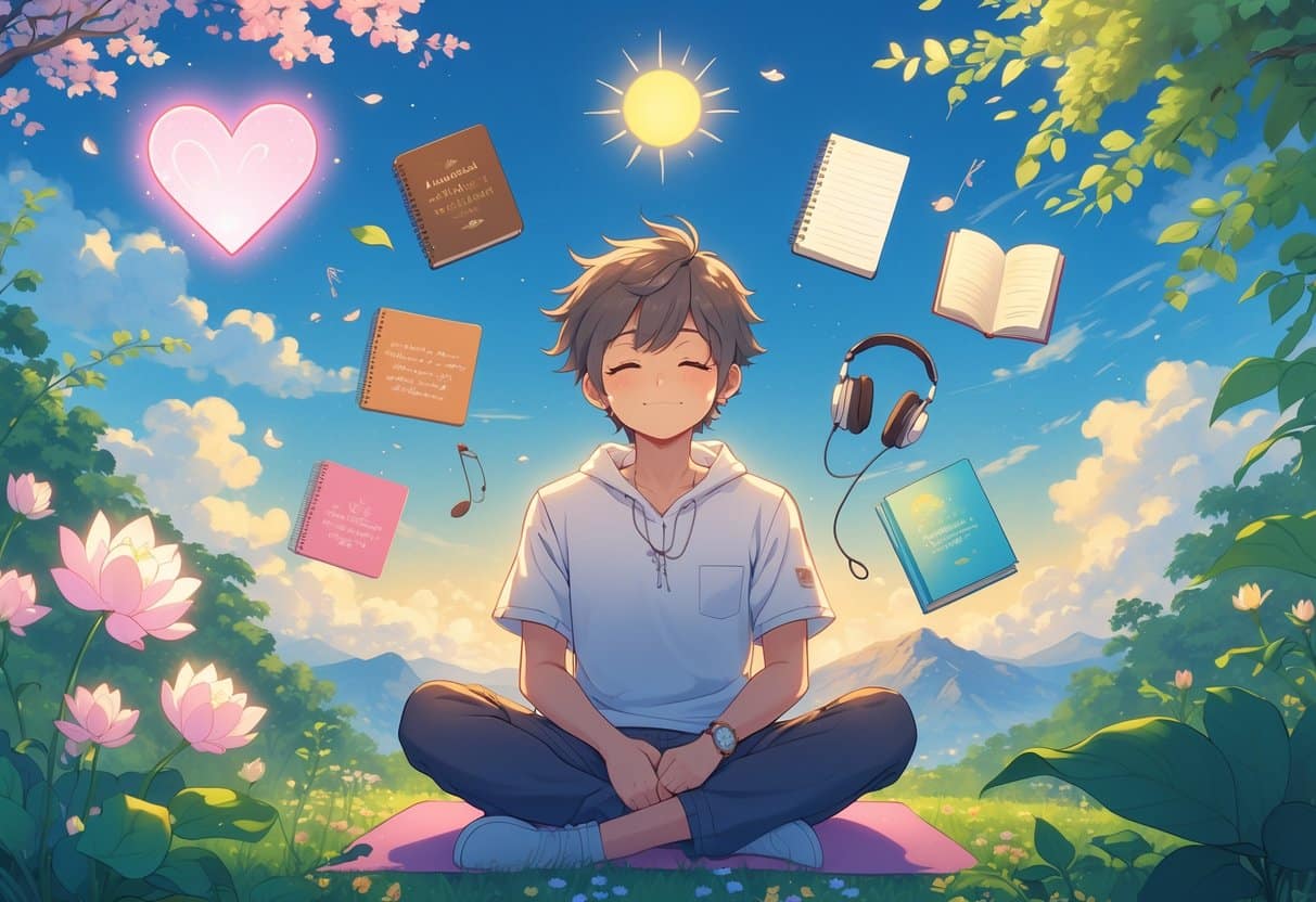 A person sitting peacefully in a garden surrounded by nine symbols representing ways to improve emotional health, including a heart light, journal, headphones, tea cup, friends, yoga pose, sunrise, book, and a sprouting plant.