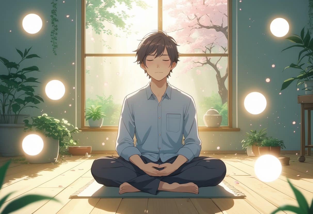 A person sitting cross-legged with eyes closed in a peaceful room filled with plants and sunlight, meditating calmly.