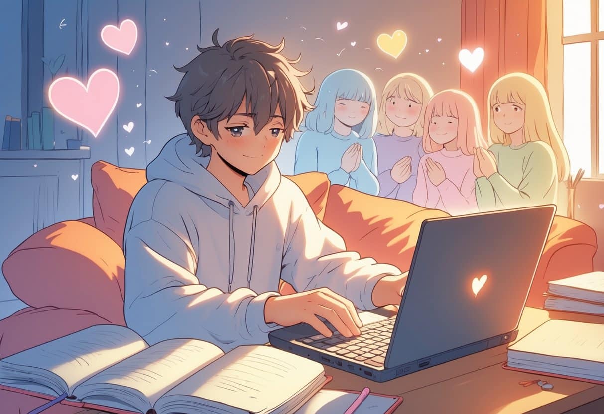 A young person sitting in a cozy room, typing on a laptop with gentle light and supportive friends appearing around them.