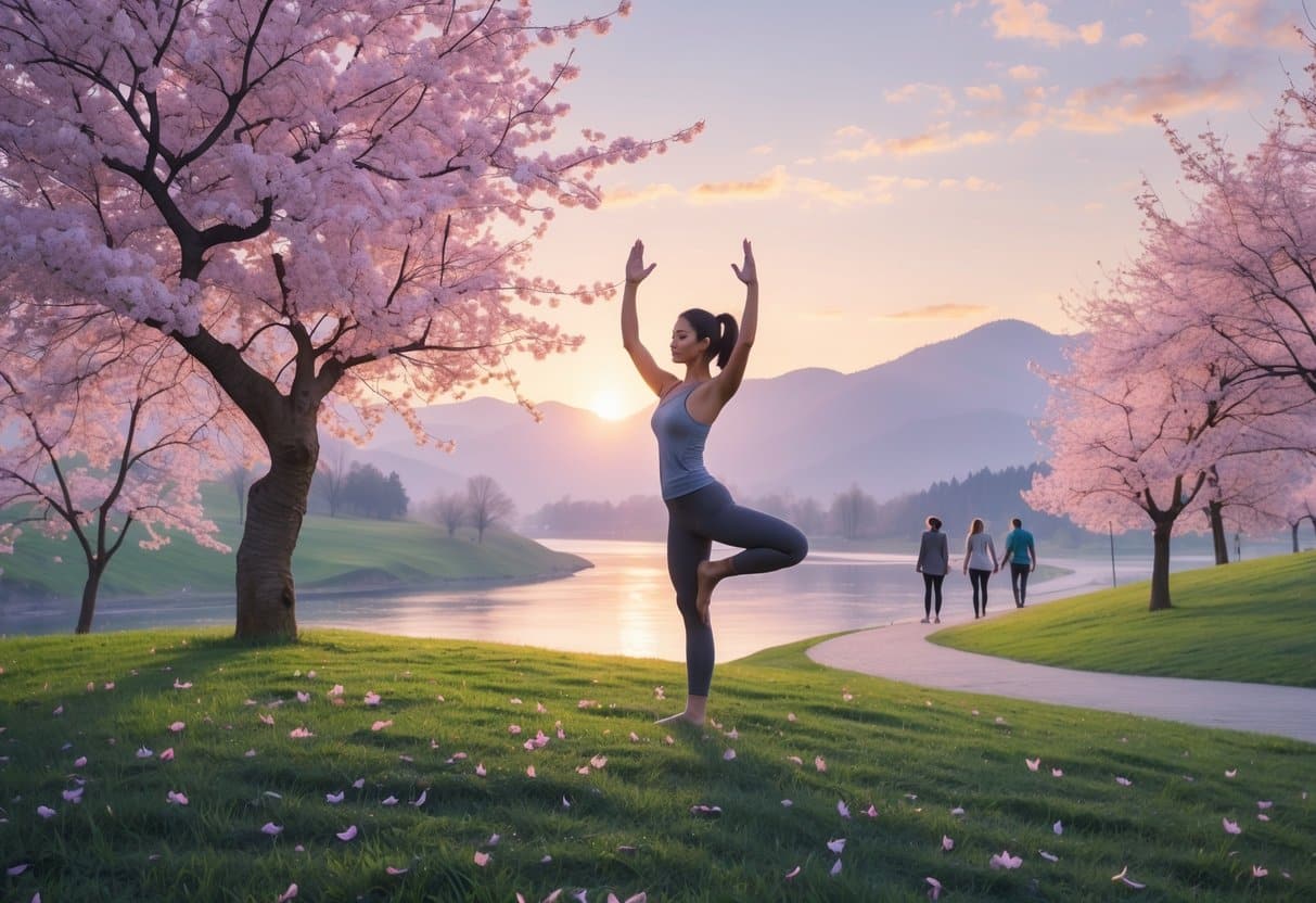 A young woman doing yoga on a grassy hill surrounded by cherry blossom trees with a river and mountains in the background, and people walking on a nearby path.