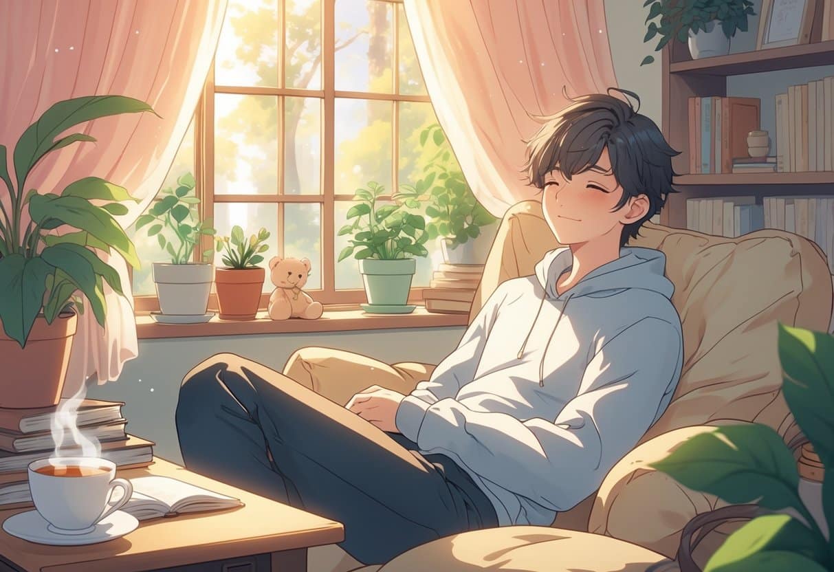 A young person sitting peacefully in a cozy room with plants and a cup of tea, looking calm and hopeful.