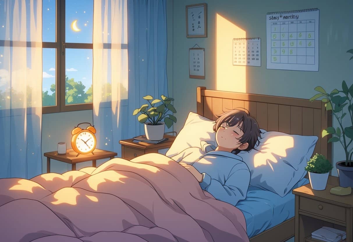 A young person peacefully waking up in a cozy bedroom with morning sunlight streaming through the window.