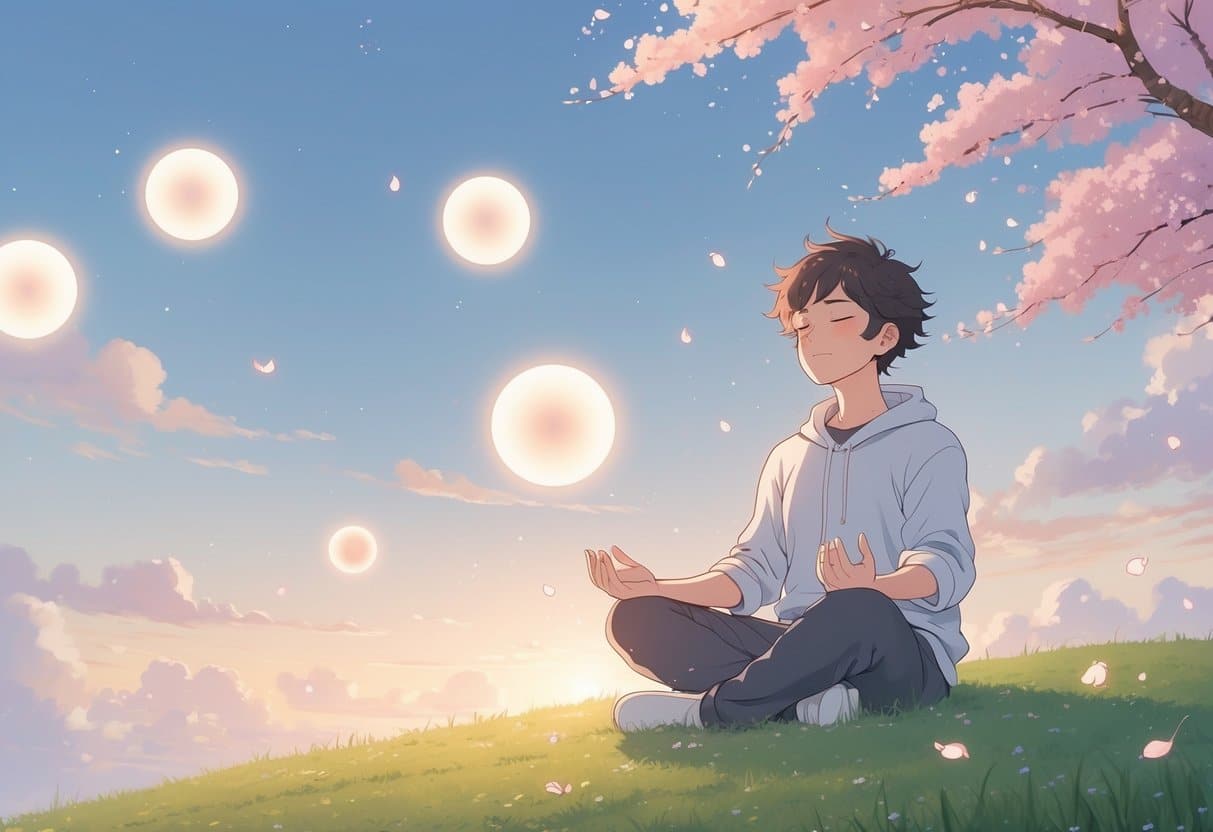 A young person sitting peacefully on a grassy hill with closed eyes, surrounded by glowing orbs and cherry blossom petals under a clear sky at sunrise.
