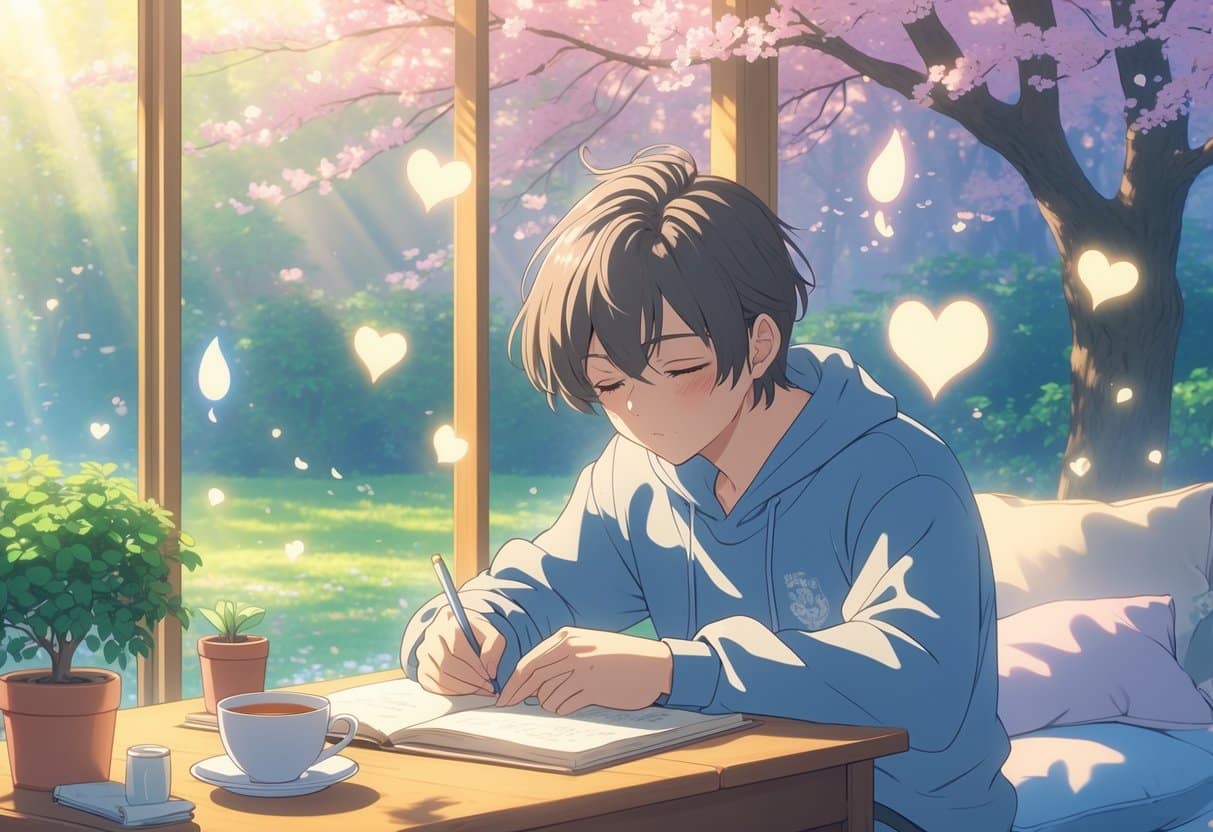 A person writing in a journal at a desk near a window with sunlight, surrounded by symbols of emotions and a peaceful garden outside.