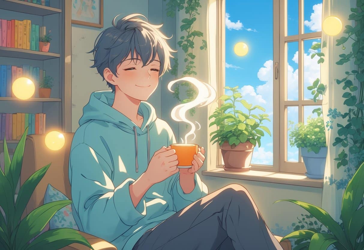 A young person sitting peacefully in a sunlit room with plants, holding a cup of tea, surrounded by calming light and a window showing a clear sky.