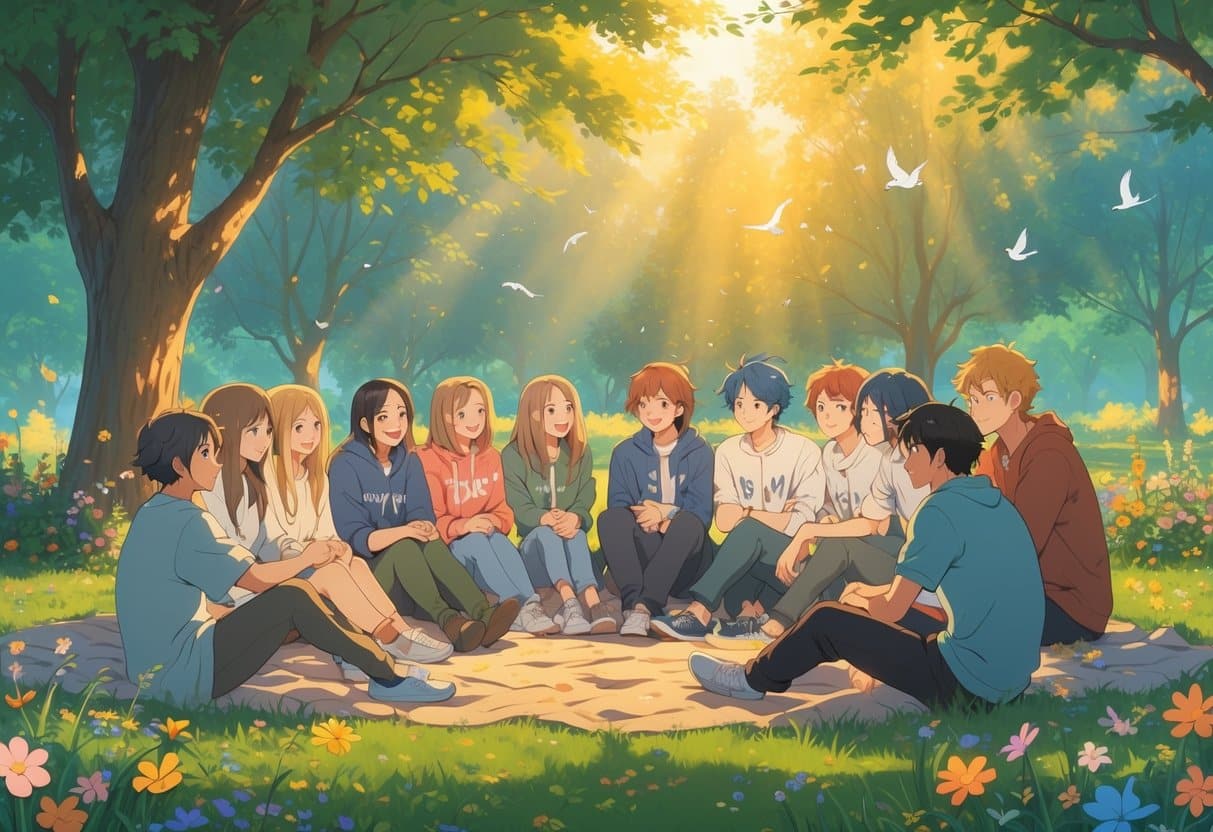 A group of people sitting together in a park, smiling and talking in a supportive and friendly atmosphere.