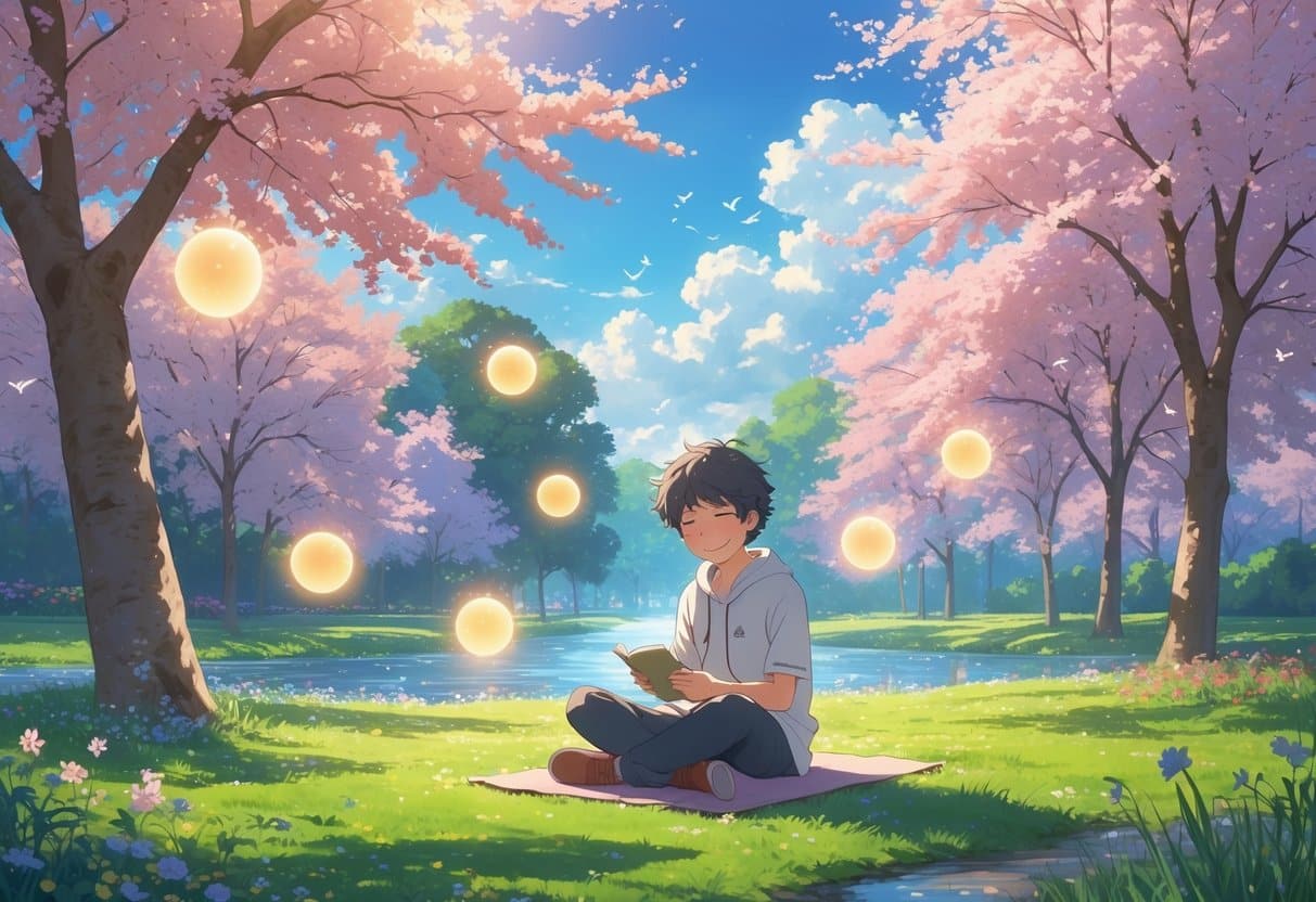 A person sitting peacefully in a sunlit park surrounded by cherry blossom trees, meditating or journaling with glowing orbs around them symbolizing positive emotions.