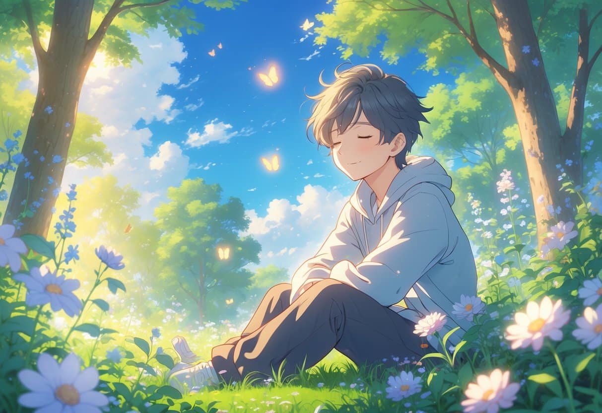 A young person sitting peacefully in a sunlit garden surrounded by flowers and butterflies, looking calm and content.
