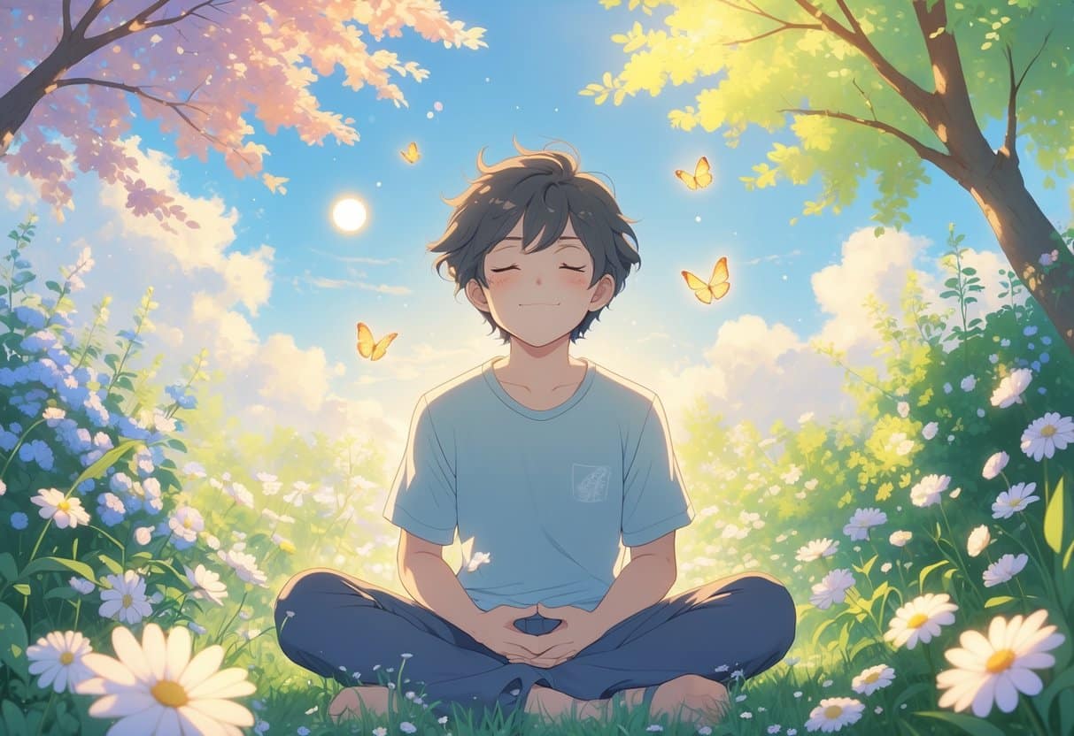 A young person sitting peacefully in a sunny garden surrounded by flowers and butterflies, meditating with a calm expression.