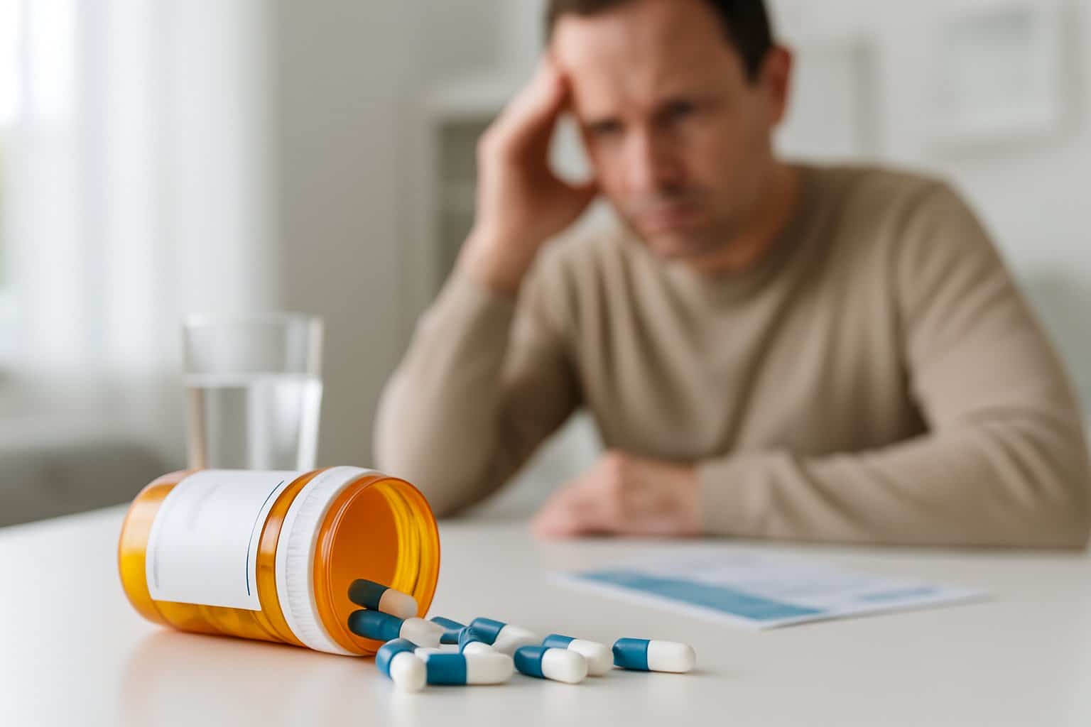 A close-up of a prescription pill bottle with capsules spilled on a table and a person sitting in the background looking thoughtful.