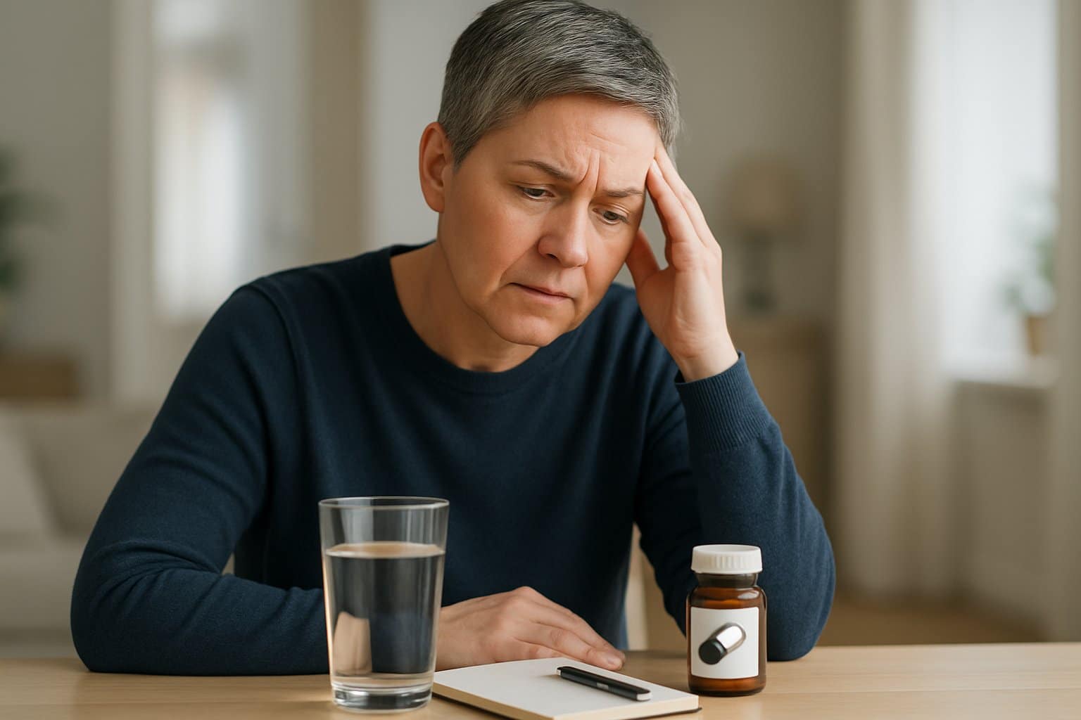 A middle-aged person sitting at a table with a glass of water and a pill bottle, holding their temple and looking thoughtful and concerned.