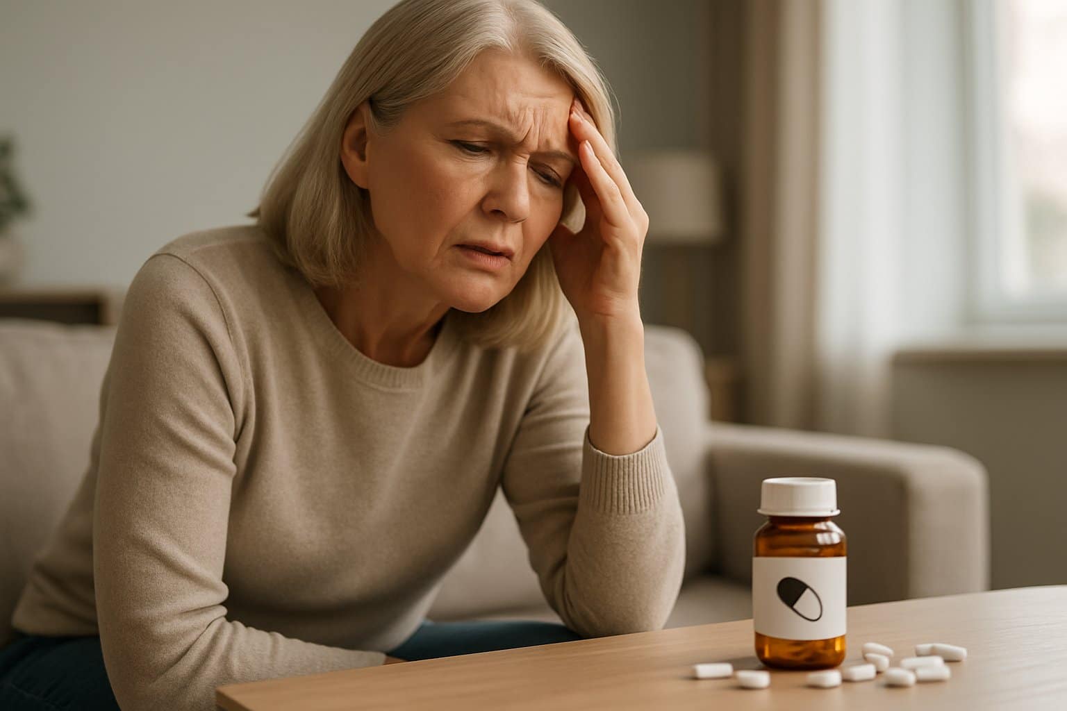 A middle-aged woman sitting on a couch, holding her head with a worried expression, with a pill bottle and scattered pills on a table nearby.
