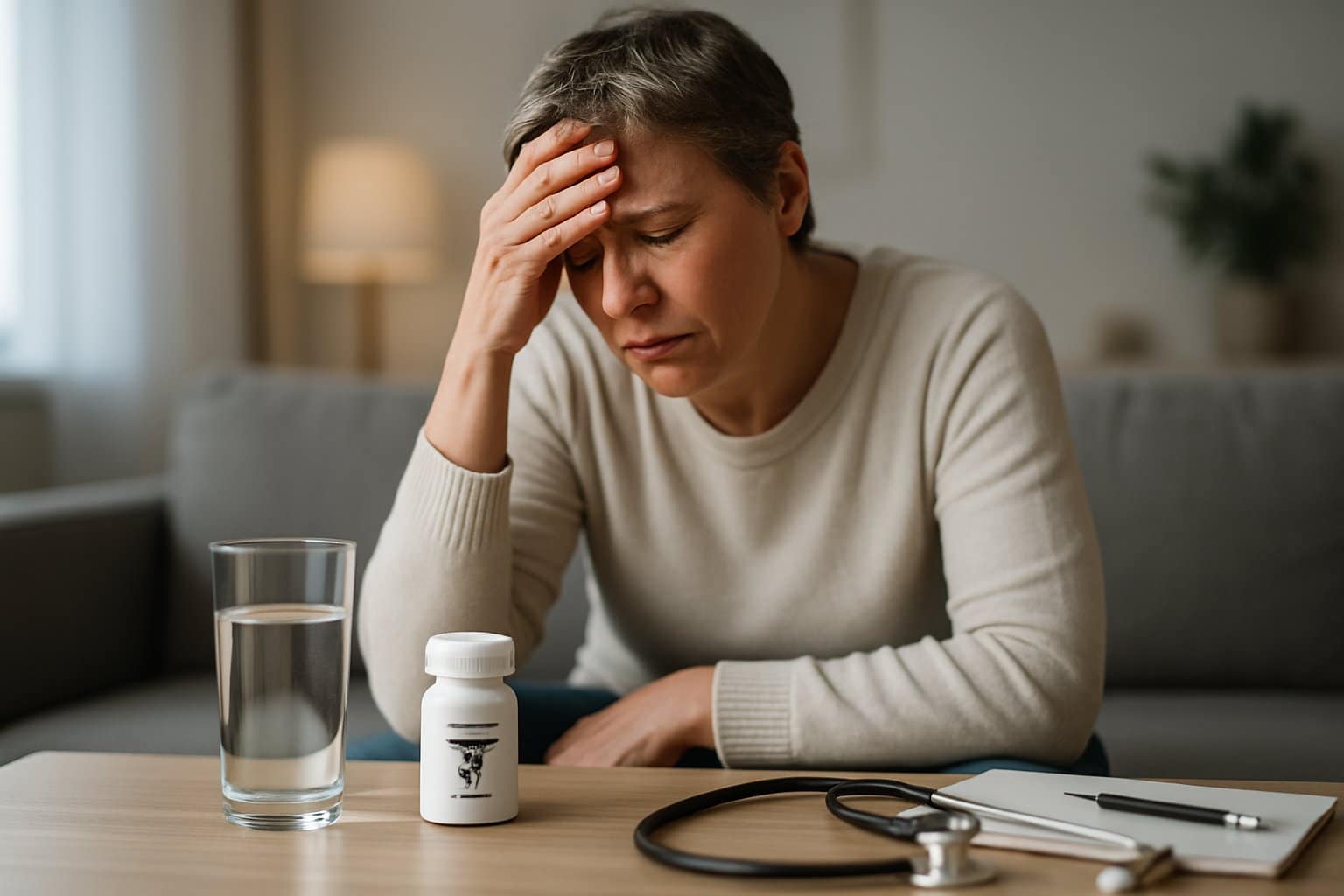 A middle-aged person sitting on a couch looking distressed and tired, with a glass of water and a pill bottle on a nearby table.