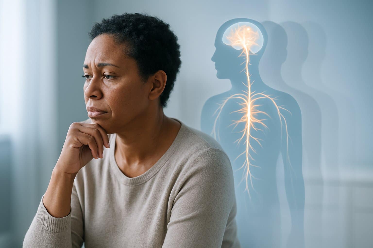 A person sitting thoughtfully in a softly lit room with a faint glowing outline of the nervous system around them, symbolizing changes in the body over time after stopping medication.