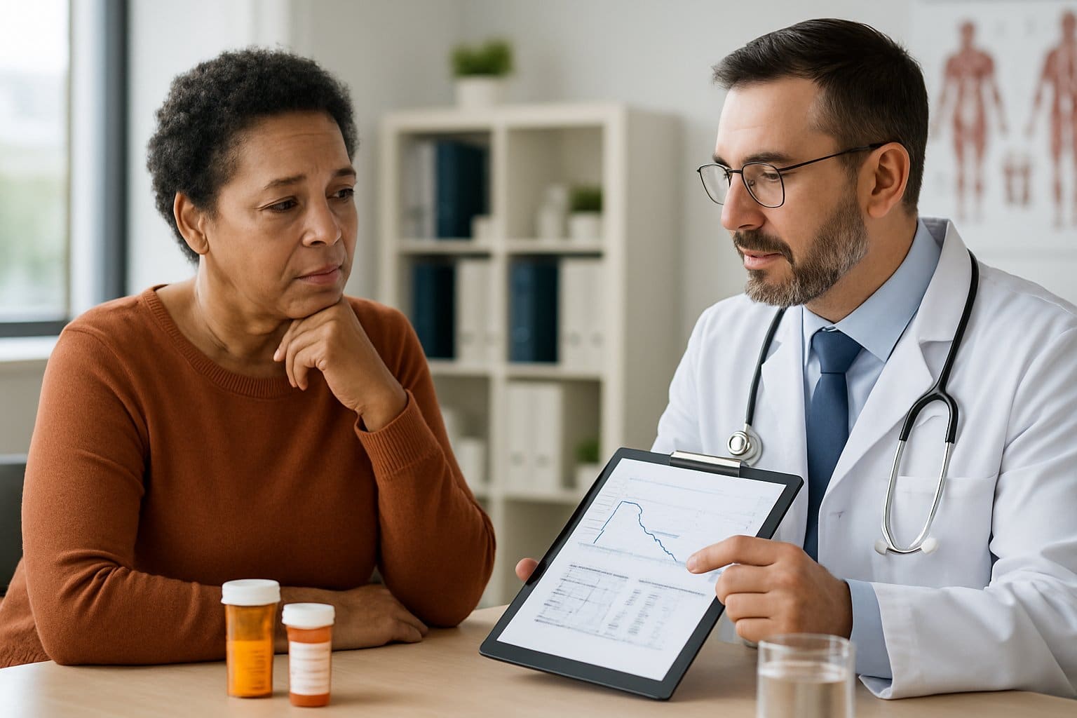A healthcare professional calmly discussing medication tapering with a patient in a bright medical office.