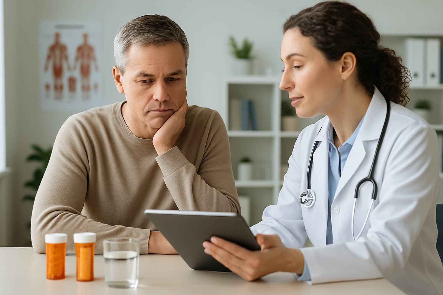 A person sitting at a table in a medical office talking with a healthcare professional, with prescription bottles and a glass of water on the table.