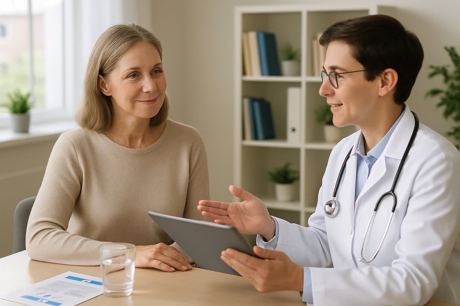 A woman sitting in a doctor's office listening attentively to a doctor explaining medical information.