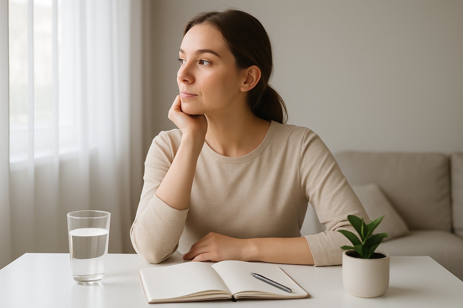A young woman sitting at a desk looking thoughtfully out of a window in a bright room with natural light.