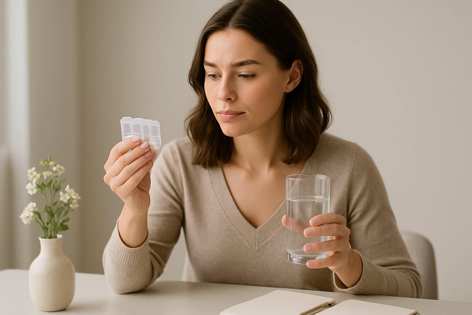 A young woman sitting at a table holding a pill organizer and a glass of water, looking thoughtful in a calm, bright room.