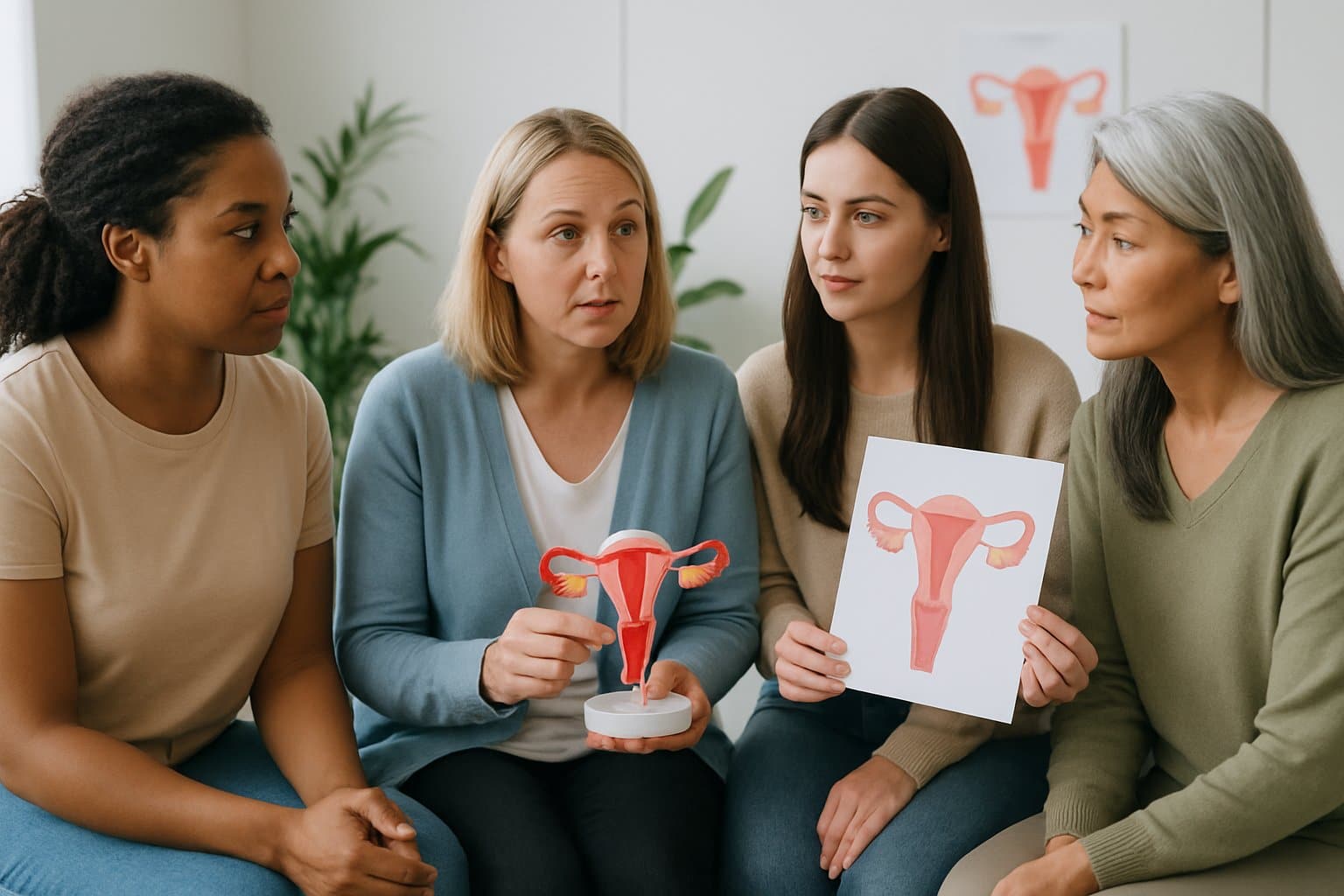 A diverse group of women in a bright room engaged in a supportive discussion about menstrual and ovulation health.