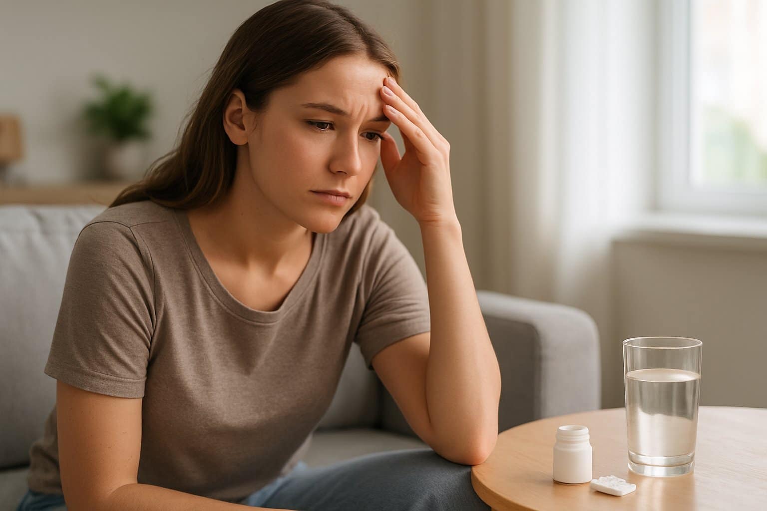 A young woman sitting indoors, touching her forehead with a concerned expression, next to a table with a glass of water and an open pill container.