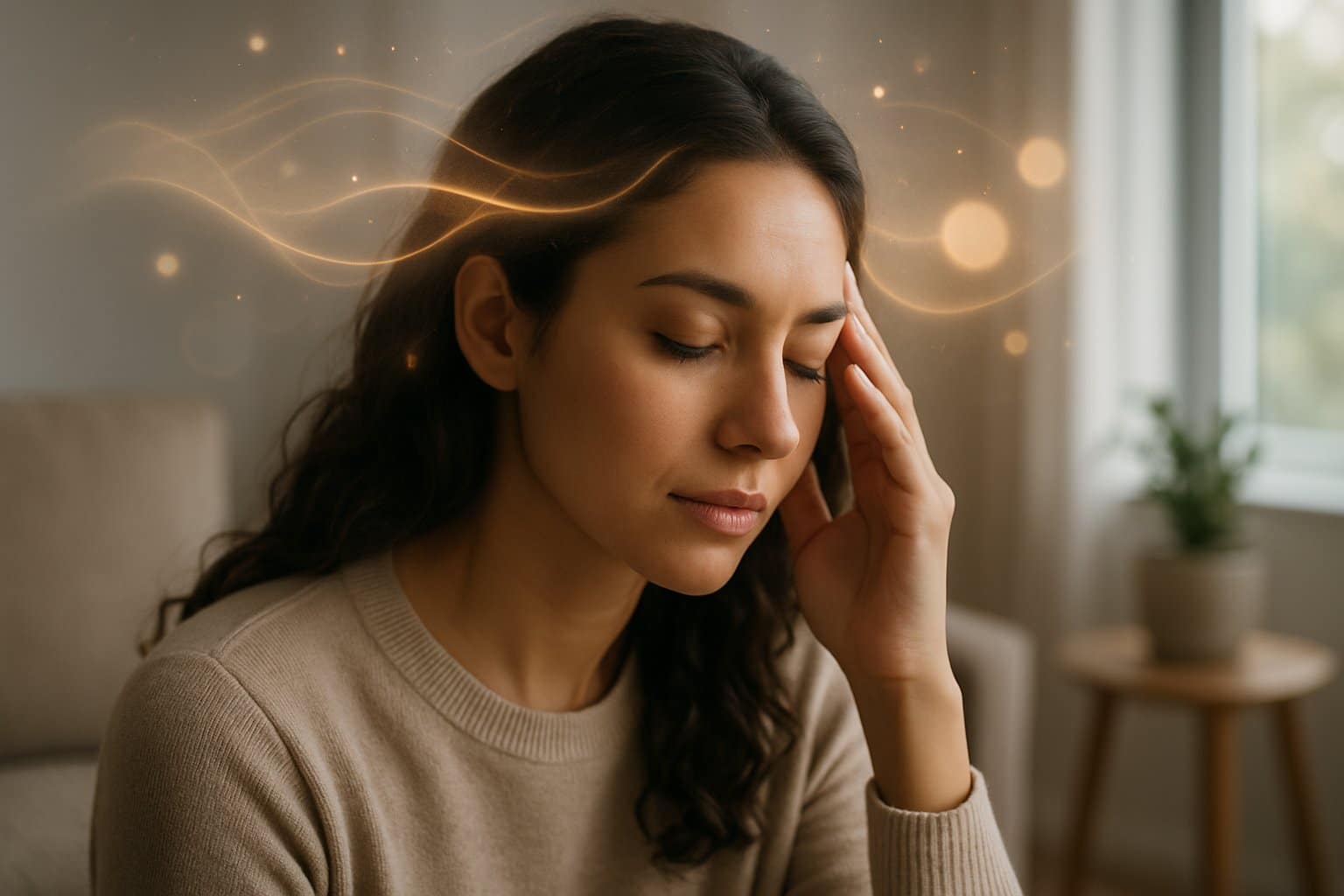 A young woman sitting indoors with eyes closed, gently touching her temple, appearing thoughtful and reflective.