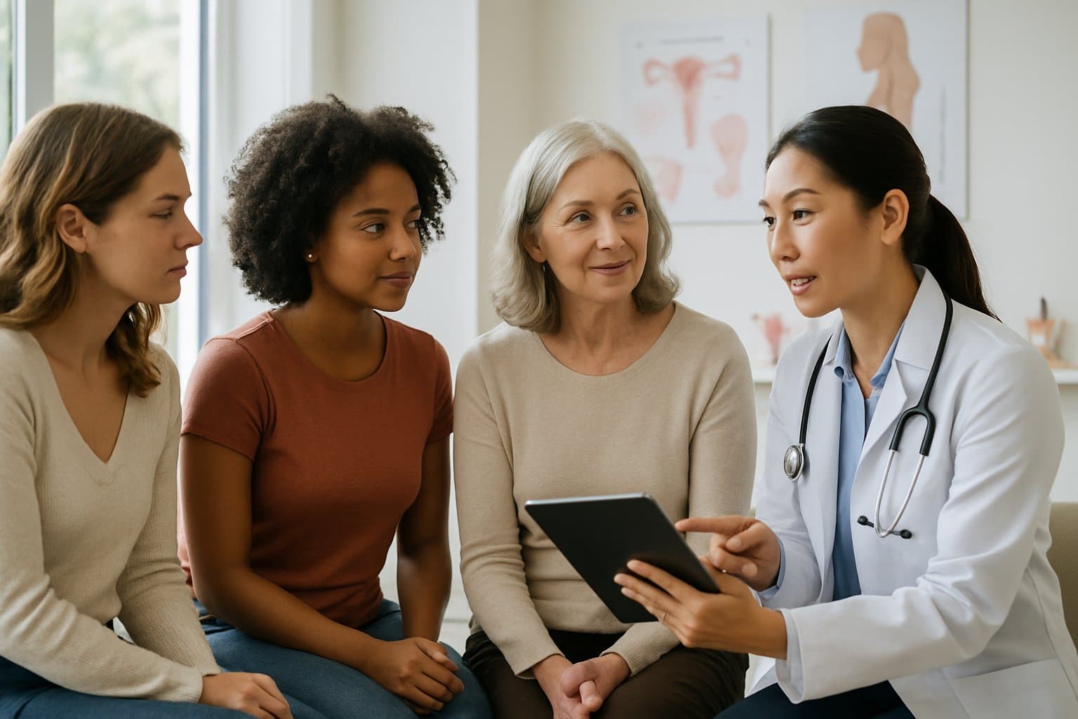 A group of women talking with a female healthcare professional in a bright medical clinic, discussing reproductive health.