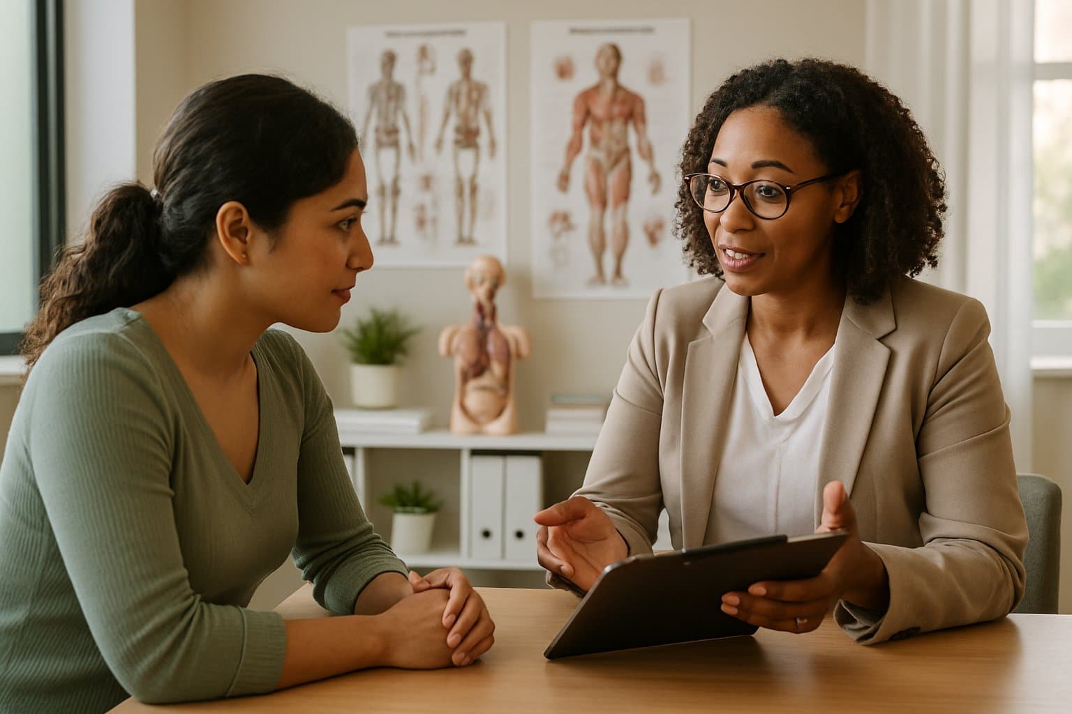 A healthcare professional consulting with a female patient in a bright medical office.