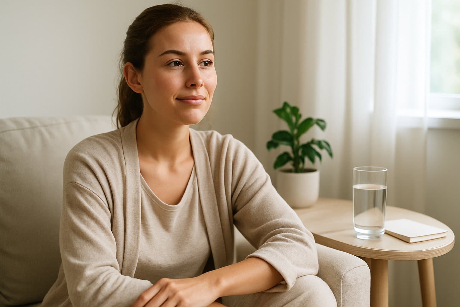 A young woman sitting calmly in a bright living room, looking thoughtful and relaxed.