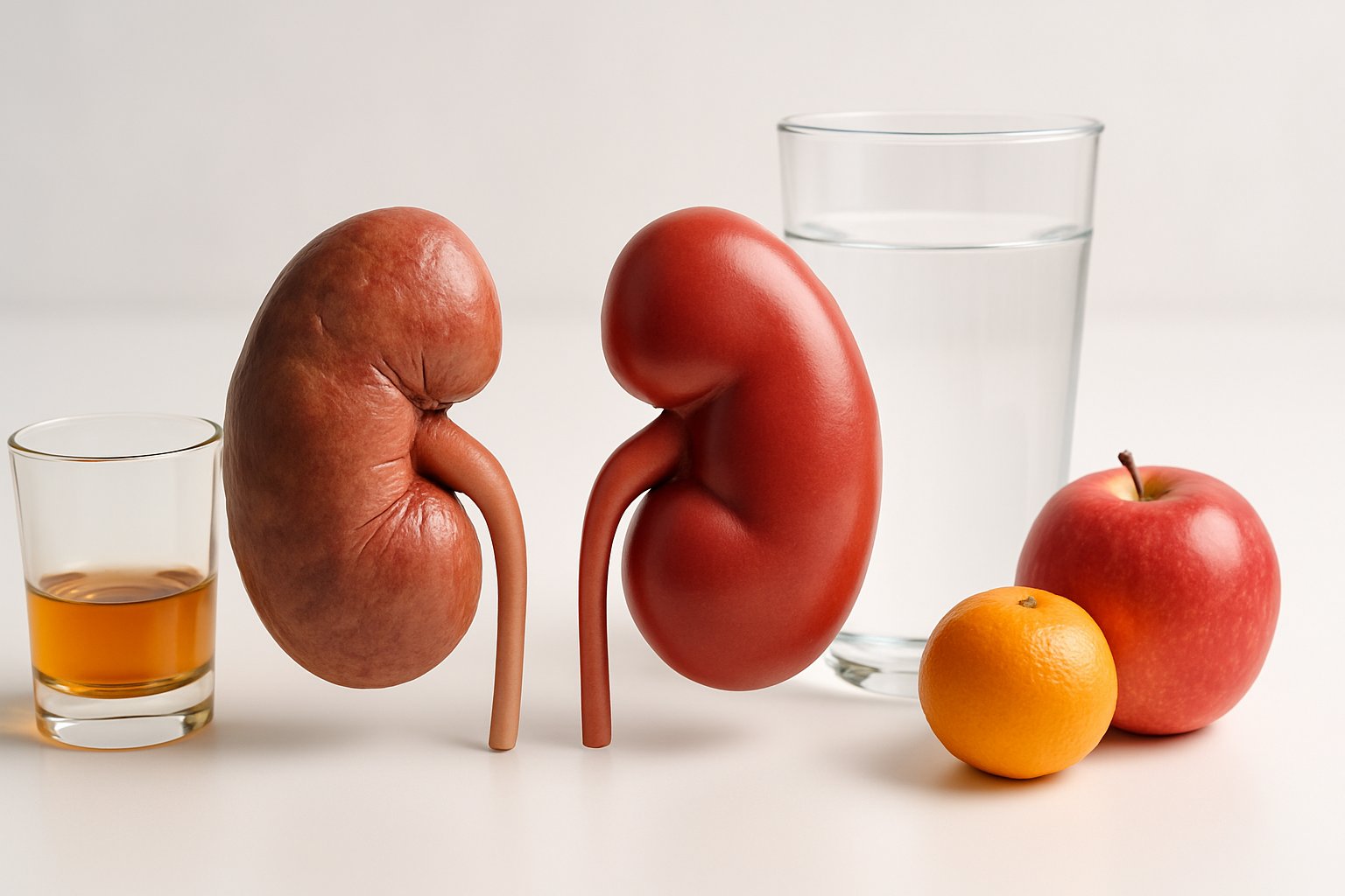 A pair of human kidneys, one appearing damaged next to a glass of alcohol, the other healthy beside a glass of water, symbolizing kidney health and recovery after quitting drinking.