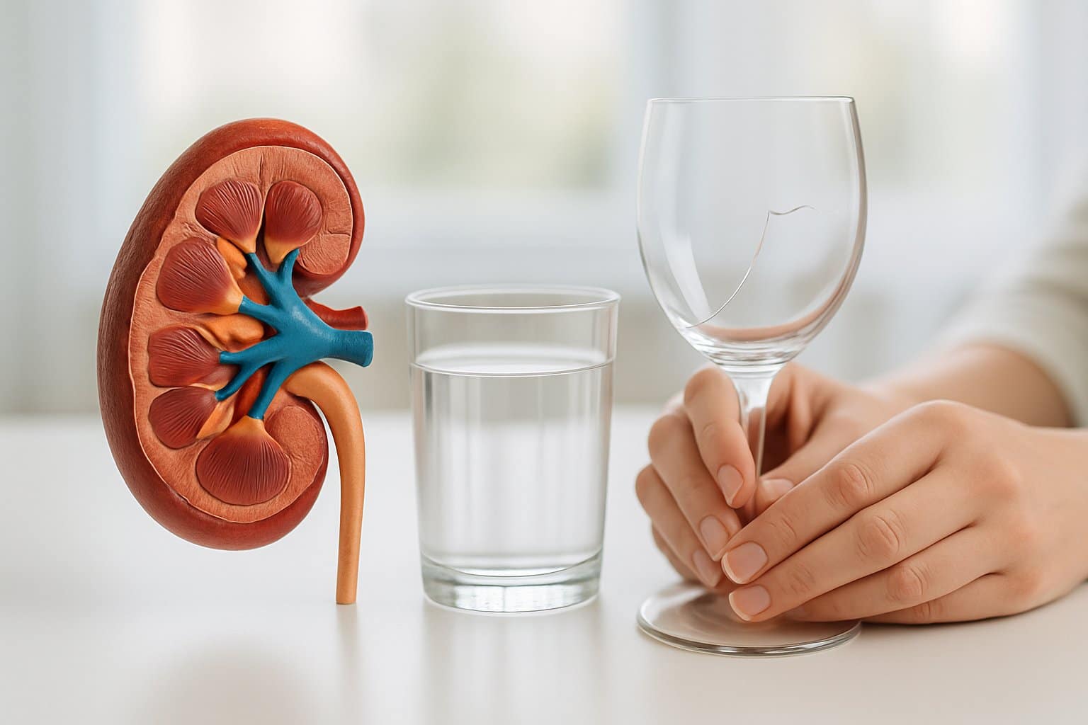 Close-up of a healthy kidney model on a white surface next to a glass of water and hands holding a broken wine glass.