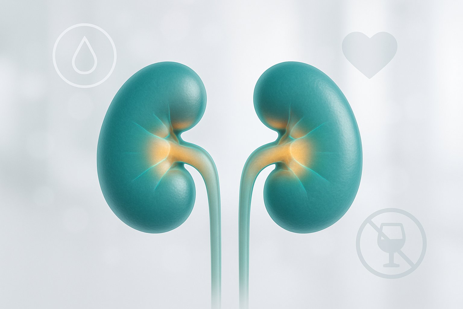 A glowing pair of healthy kidneys surrounded by medical symbols representing healing and recovery.