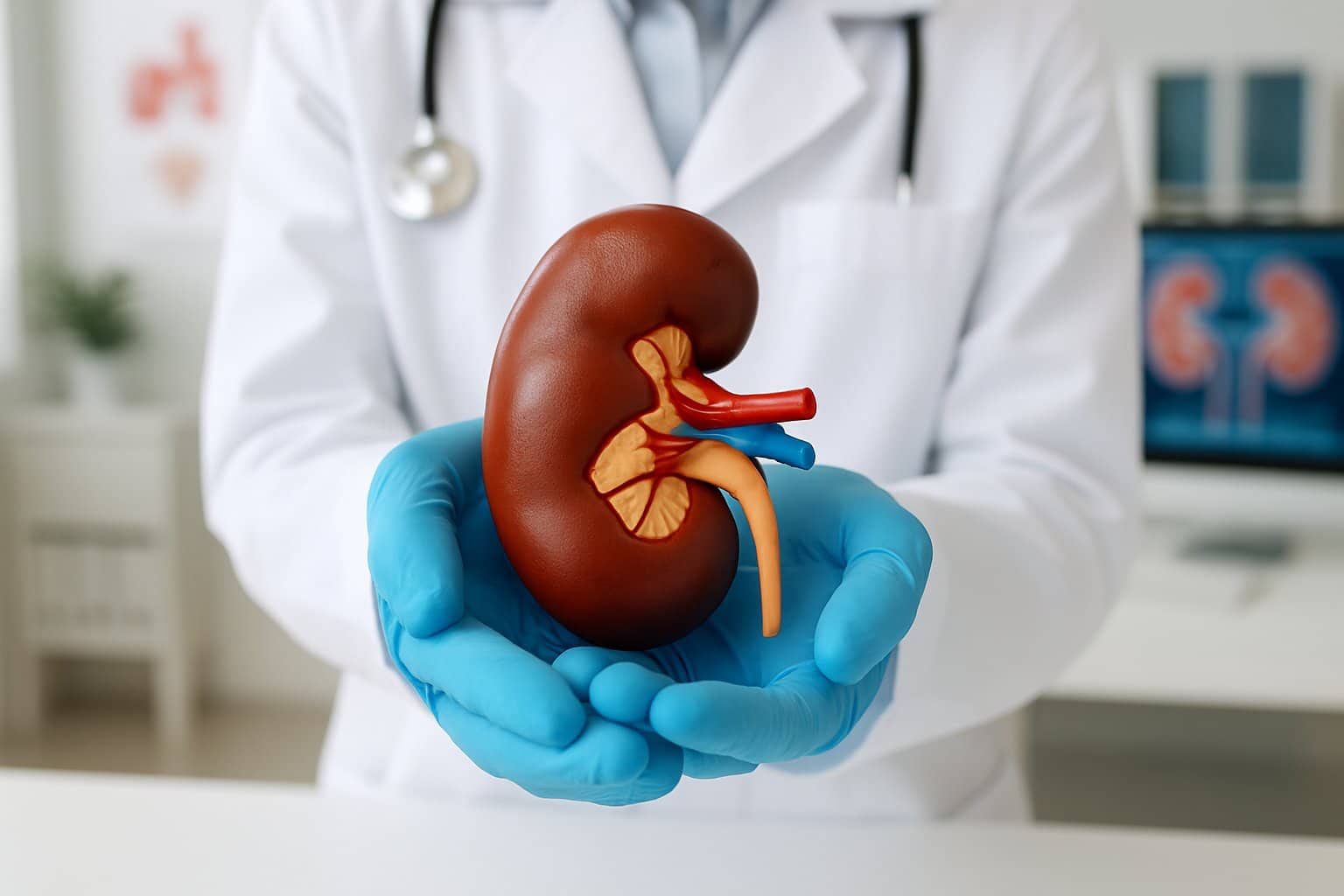 Hands of a medical professional holding a detailed human kidney model in a medical office.