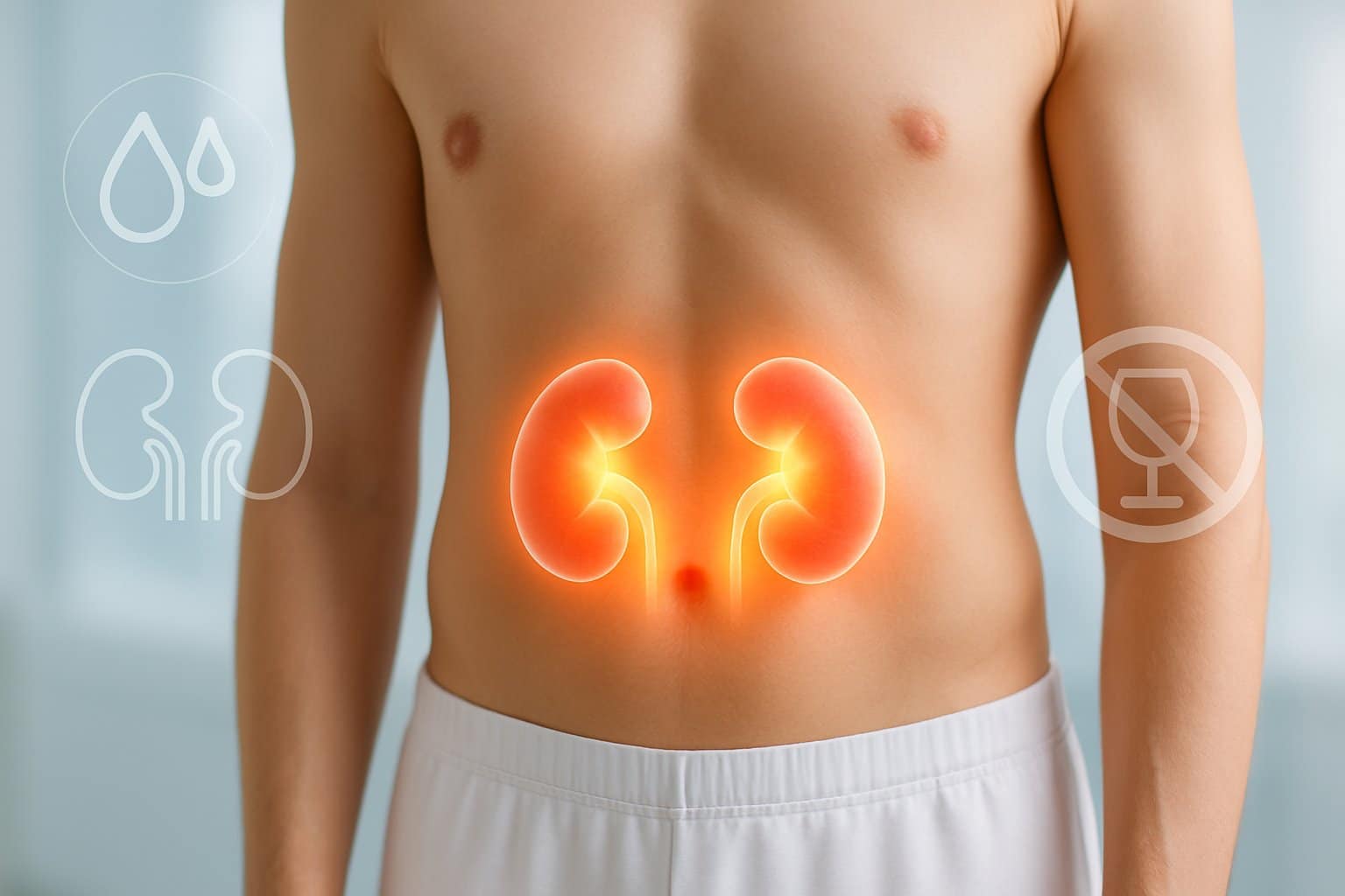 Close-up of a human torso highlighting the kidney area with glowing effects symbolizing kidney healing and recovery.