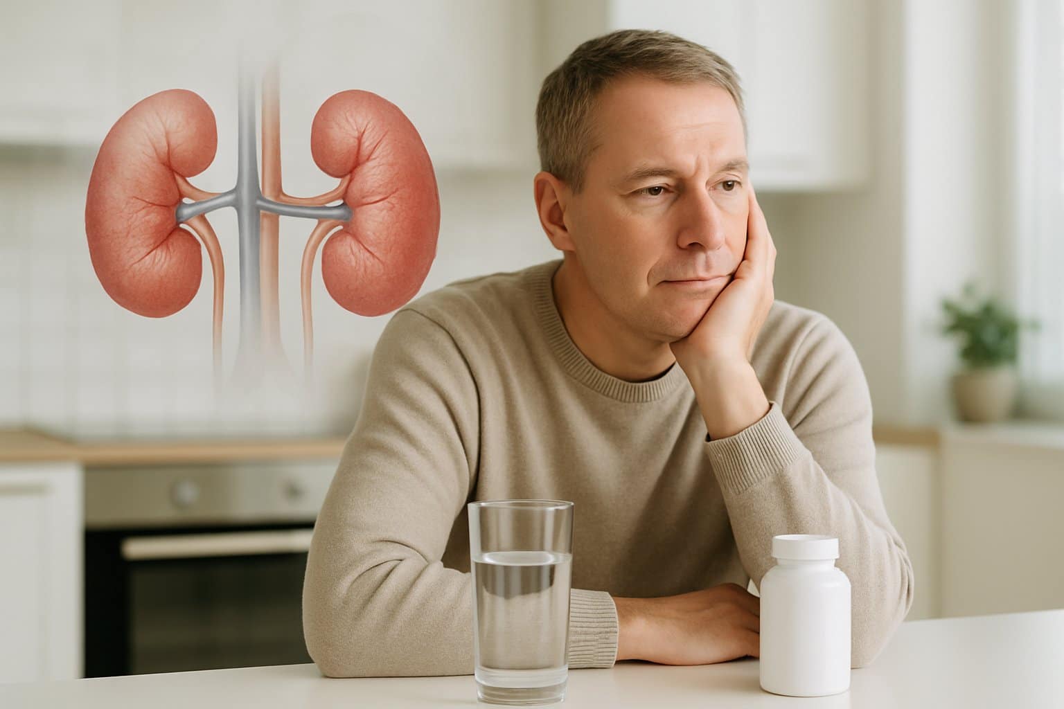 A person sitting at a kitchen table with a glass of water and vitamins, with a faint illustration of kidneys in the background.