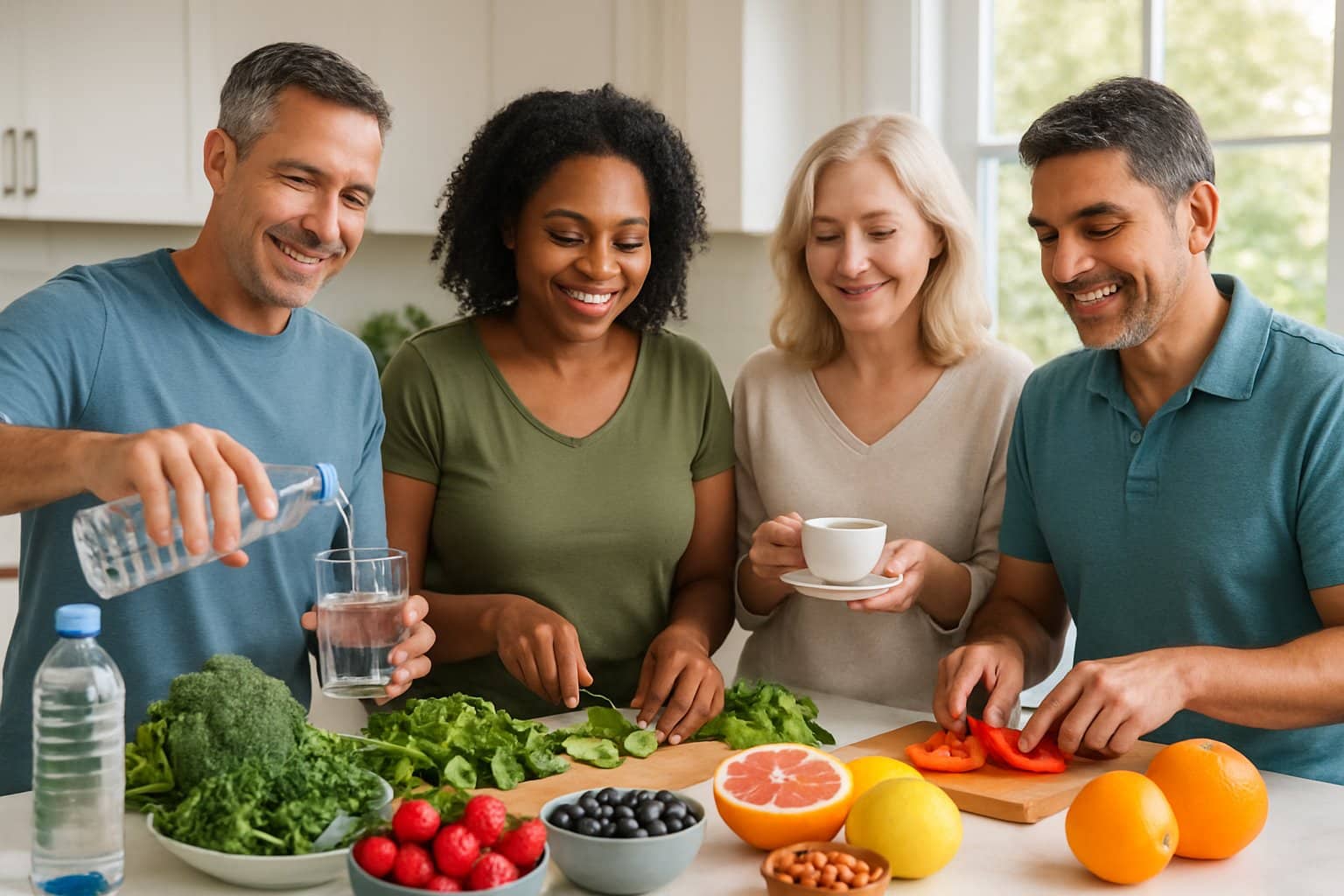 Adults preparing fresh fruits and vegetables in a bright kitchen, promoting healthy lifestyle and kidney recovery.
