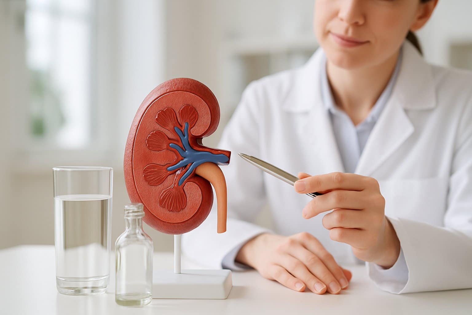 A healthcare professional points to a kidney model on a desk with a glass of water and an empty alcohol bottle nearby in a clinical setting.