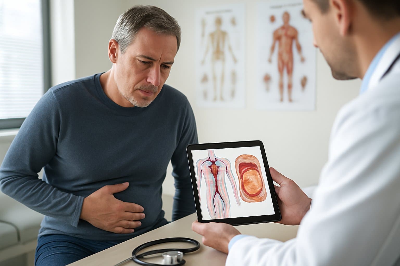 A middle-aged person in a medical office talks with a doctor who shows them a digital tablet displaying anatomical images of the heart and abdominal fat.